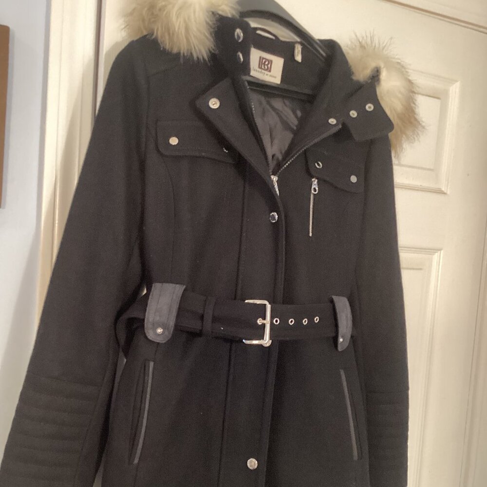 Laundry by Design Size M Ladies Black Wool Winter Coat with Faux Fur Trimed Hood - Picture 3 of 12